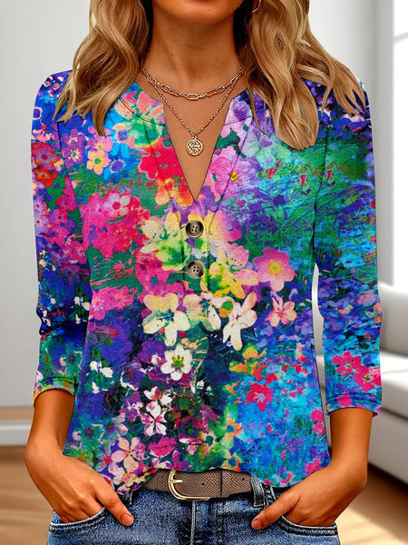 „Zara“ – 3D Print V-Ausschnitt Langarmshirt