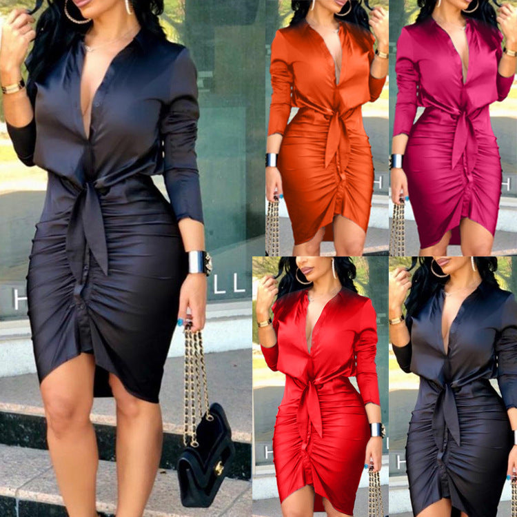 „Celina“ – Midi Hemdkleid mit Bindegürtel Langarm