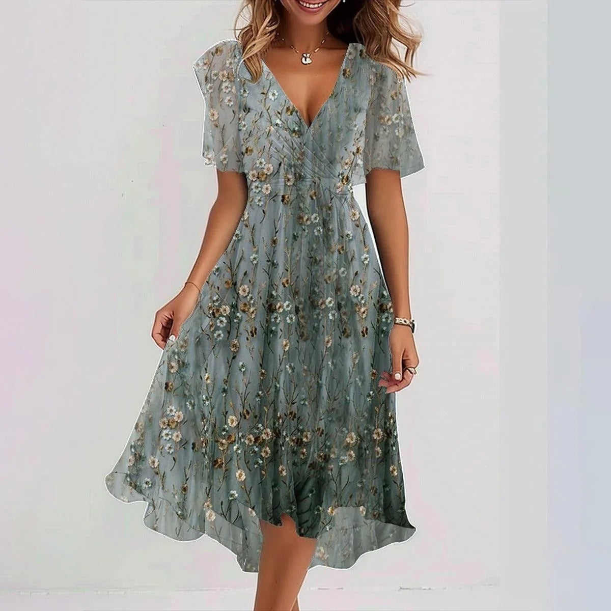 Elisa“ – Chiffon-Sommerkleid mit Print &V-Ausschnitt