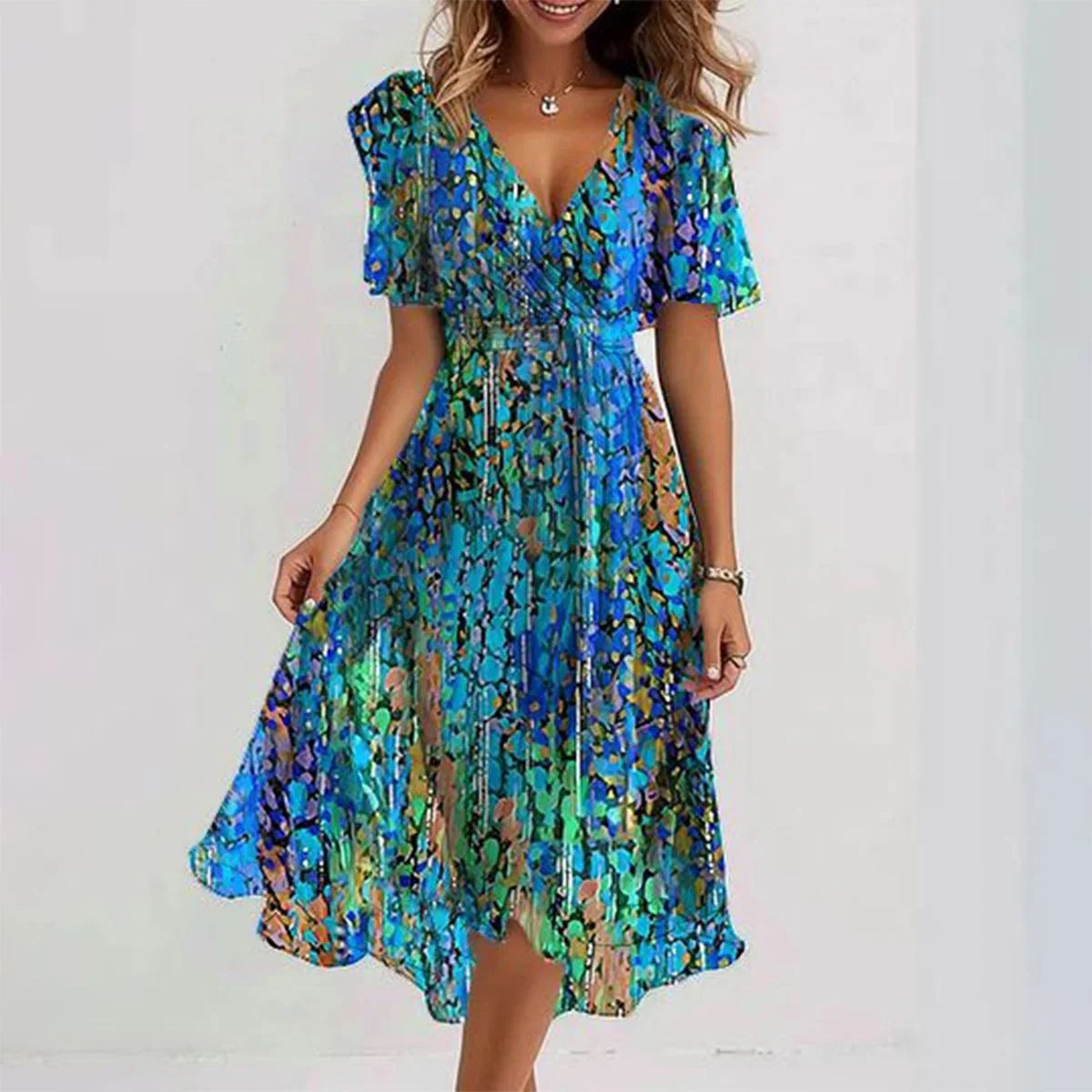 Elisa“ – Chiffon-Sommerkleid mit Print &V-Ausschnitt