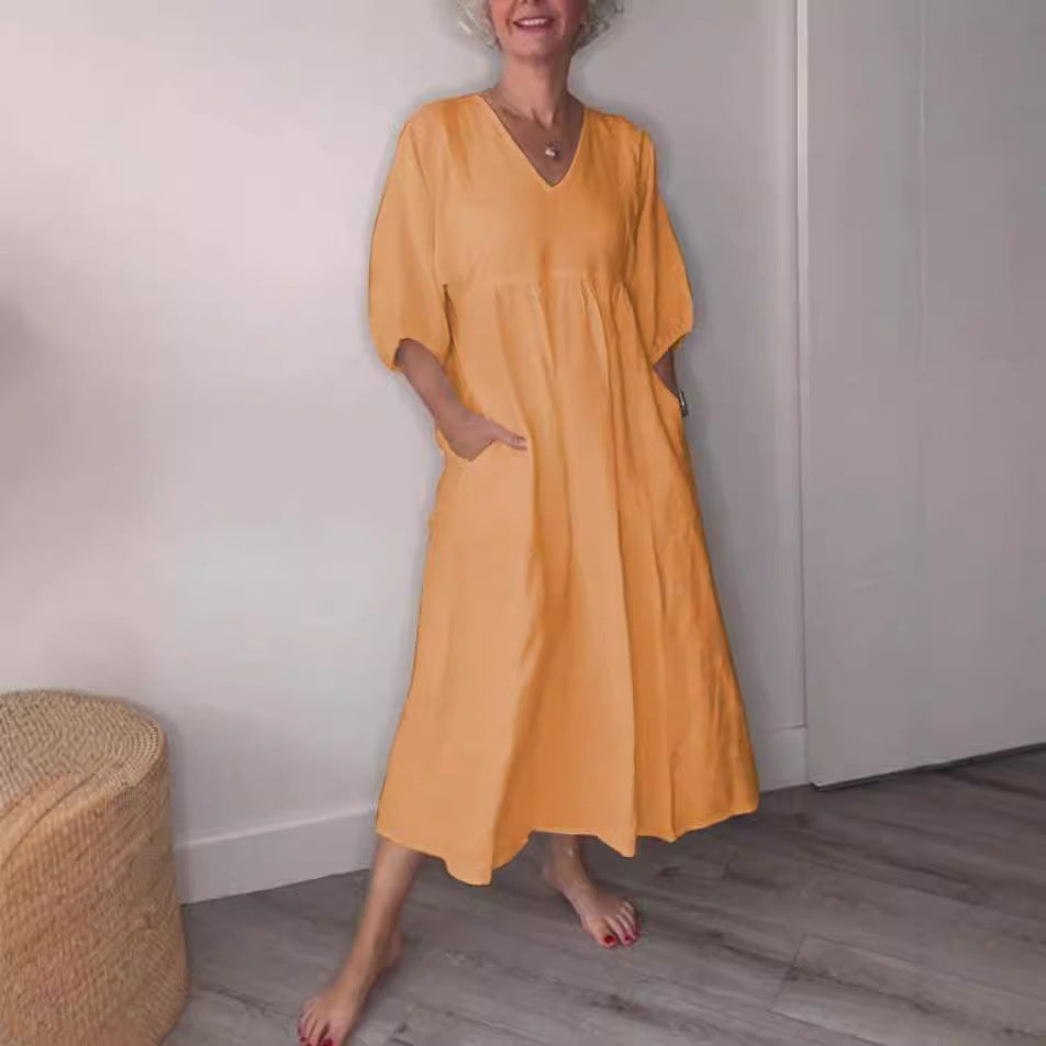 Clara“ – Baumwoll-Leinen Kleid mit V-Ausschnitt
