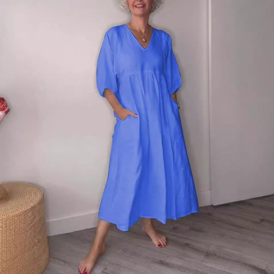 Clara“ – Baumwoll-Leinen Kleid mit V-Ausschnitt