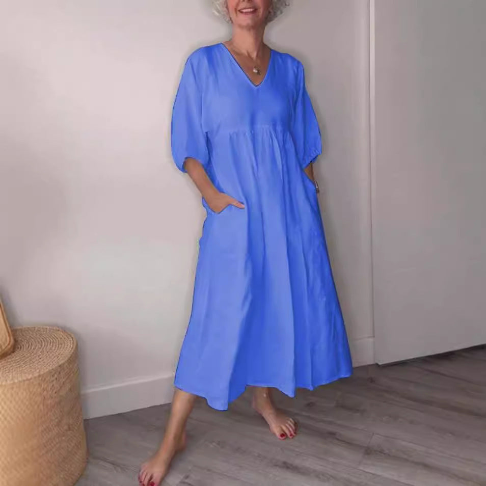 Clara“ – Baumwoll-Leinen Kleid mit V-Ausschnitt
