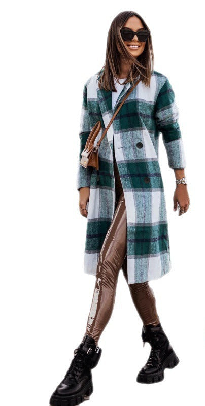 Fashio Women's Mid-length Plaid Print Coat