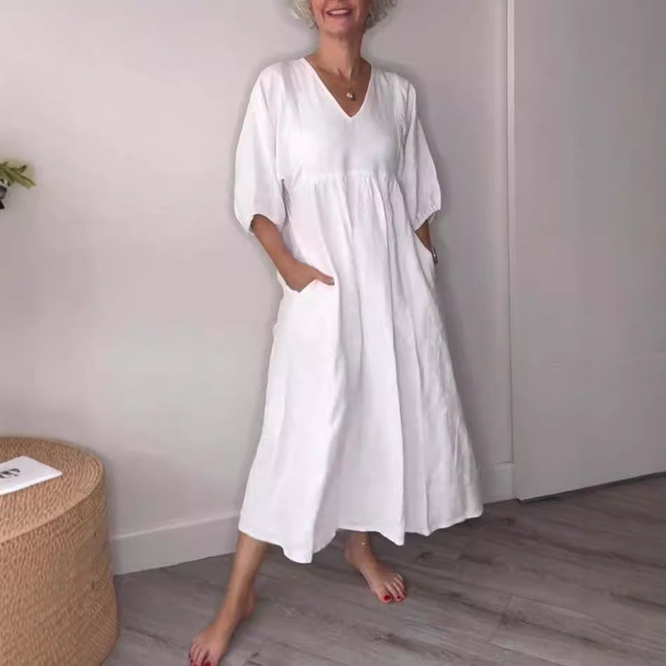 Clara“ – Baumwoll-Leinen Kleid mit V-Ausschnitt