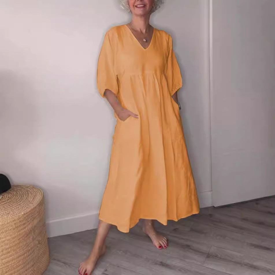 Clara“ – Baumwoll-Leinen Kleid mit V-Ausschnitt