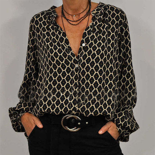 Elena“ – V-Ausschnitt Bluse mit Rautenprint
