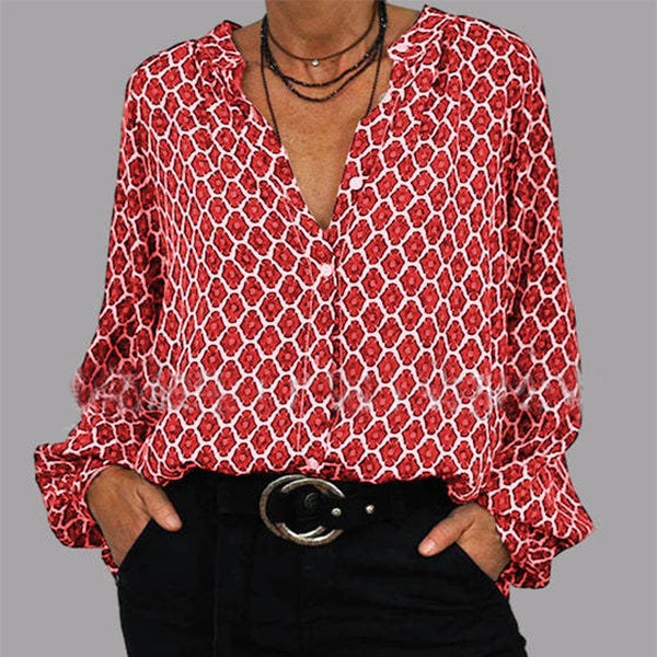 Elena“ – V-Ausschnitt Bluse mit Rautenprint