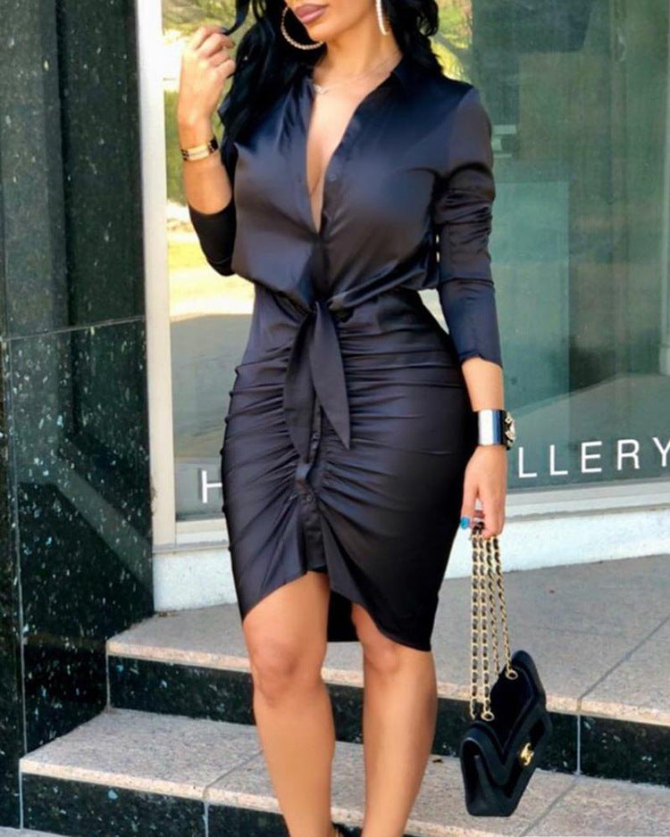 „Celina“ – Midi Hemdkleid mit Bindegürtel Langarm