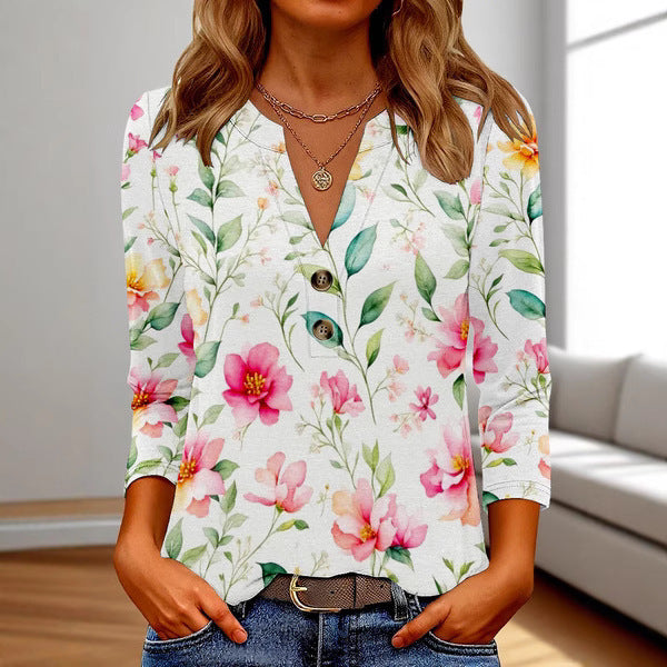 „Zara“ – 3D Print V-Ausschnitt Langarmshirt