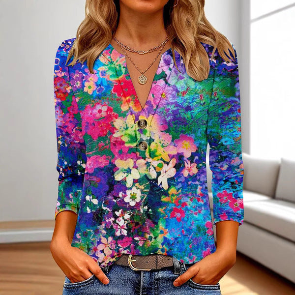 „Zara“ – 3D Print V-Ausschnitt Langarmshirt