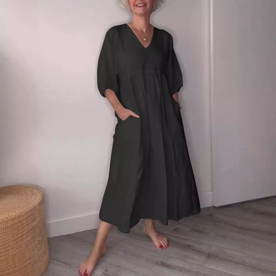 Clara“ – Baumwoll-Leinen Kleid mit V-Ausschnitt