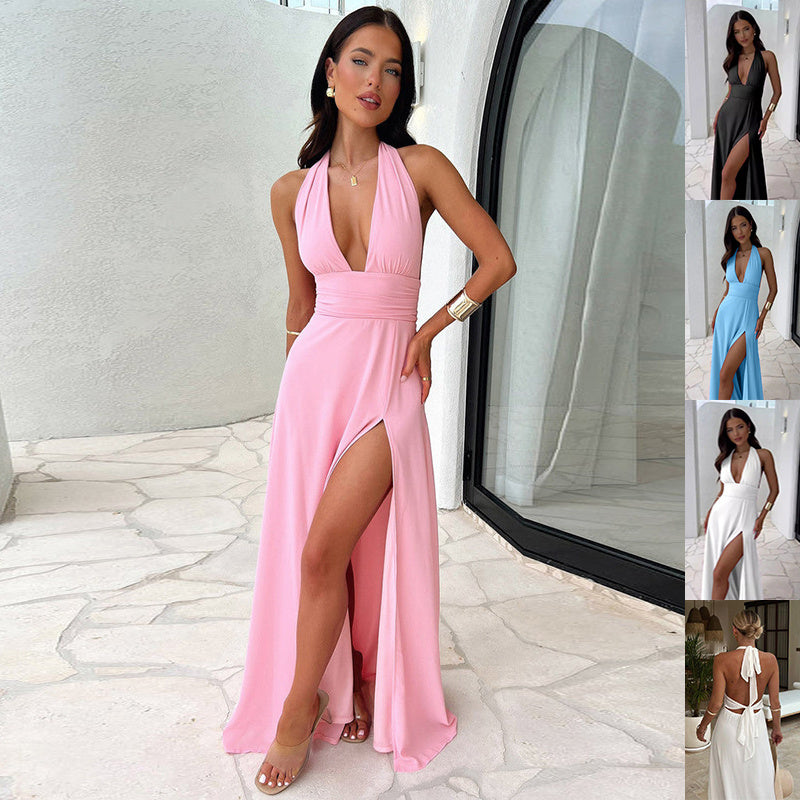 „Adriana“ – Halterneck Kleid mit V-Ausschnitt &amp; Schlitz