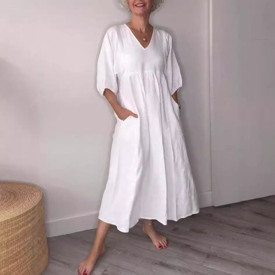 Clara“ – Baumwoll-Leinen Kleid mit V-Ausschnitt