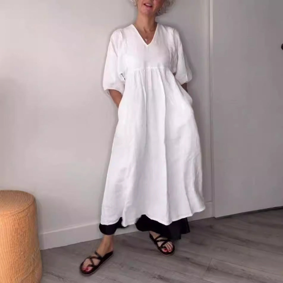 Clara“ – Baumwoll-Leinen Kleid mit V-Ausschnitt