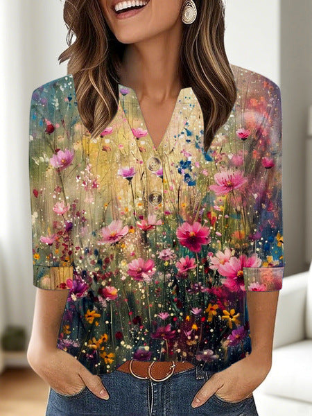 „Zara“ – 3D Print V-Ausschnitt Langarmshirt