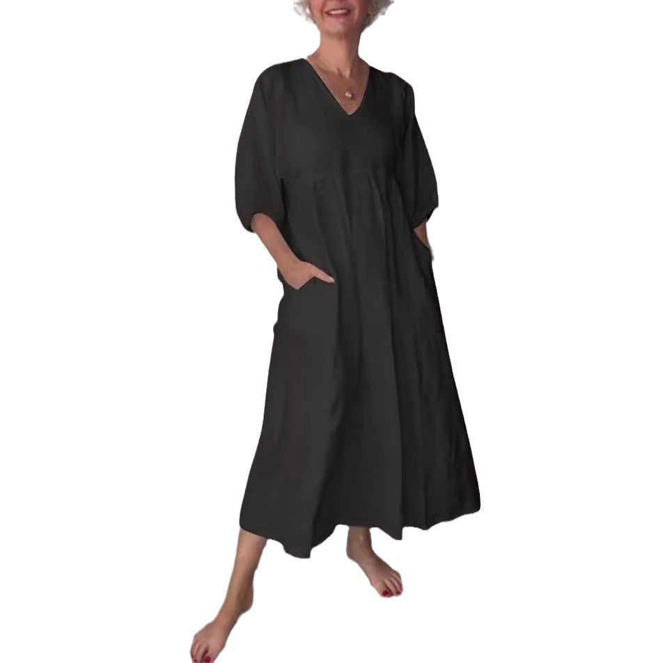 Clara“ – Baumwoll-Leinen Kleid mit V-Ausschnitt