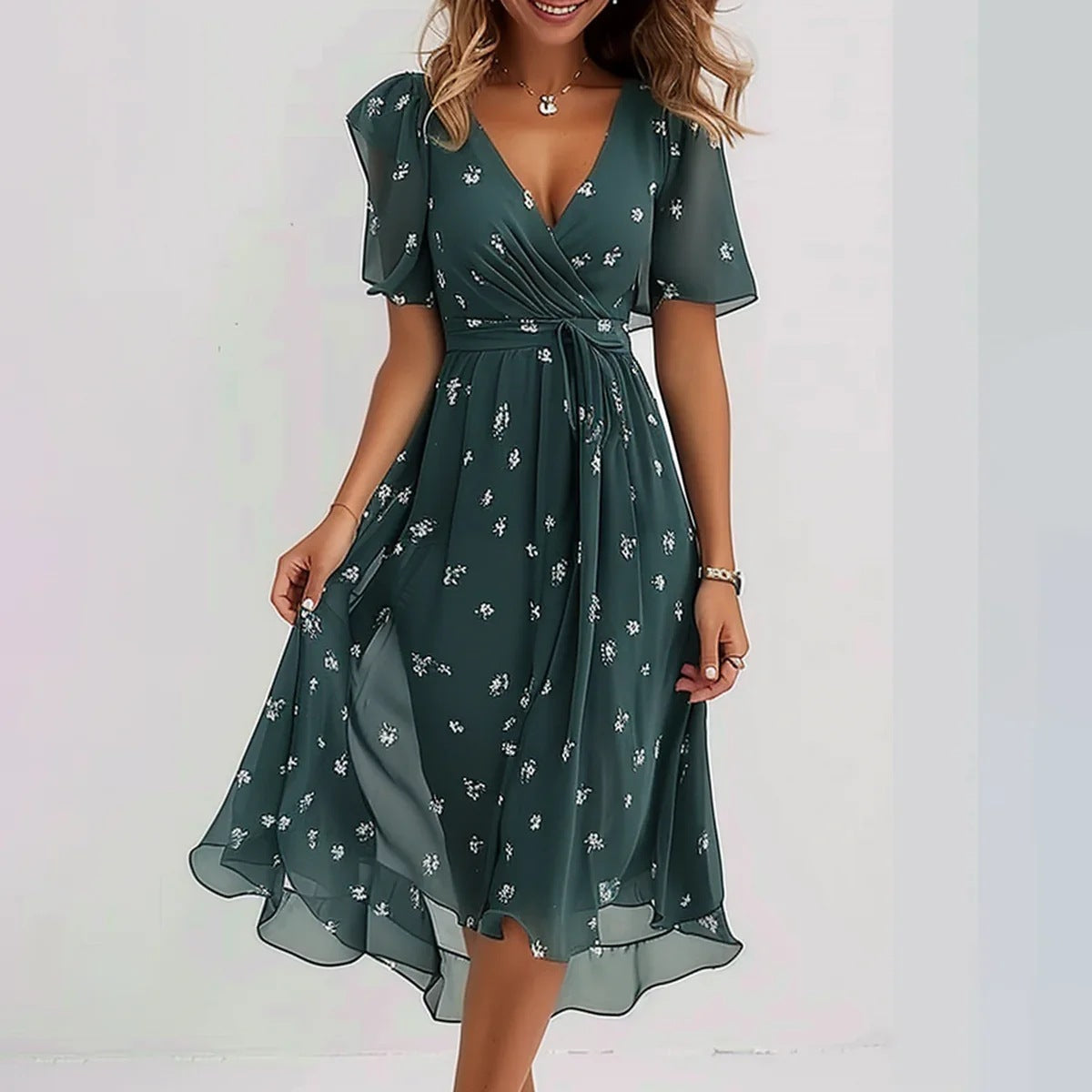 Elisa“ – Chiffon-Sommerkleid mit Print &V-Ausschnitt