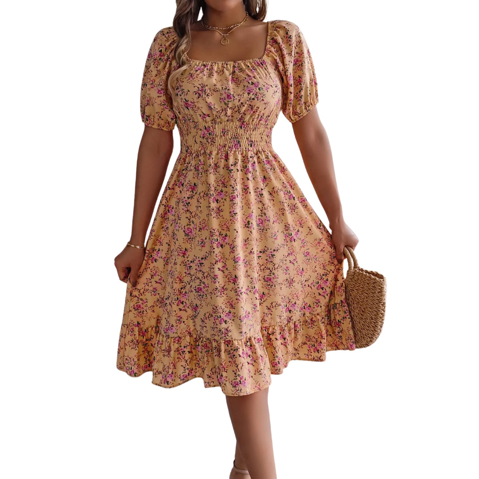 Clara“ – Kleid mit Karrée-Ausschnitt & Rüschen