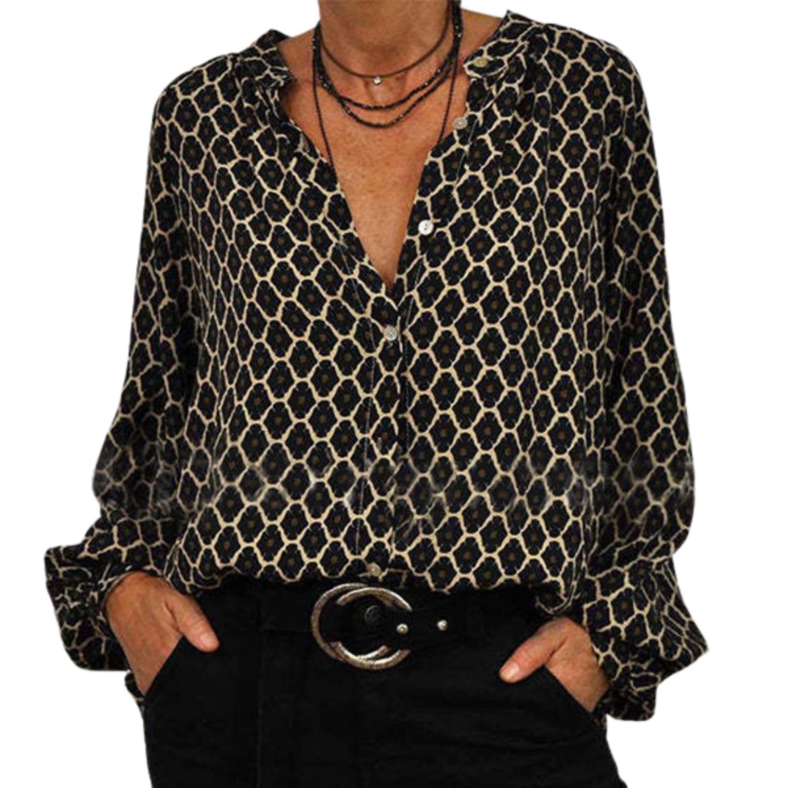 Elena“ – V-Ausschnitt Bluse mit Rautenprint