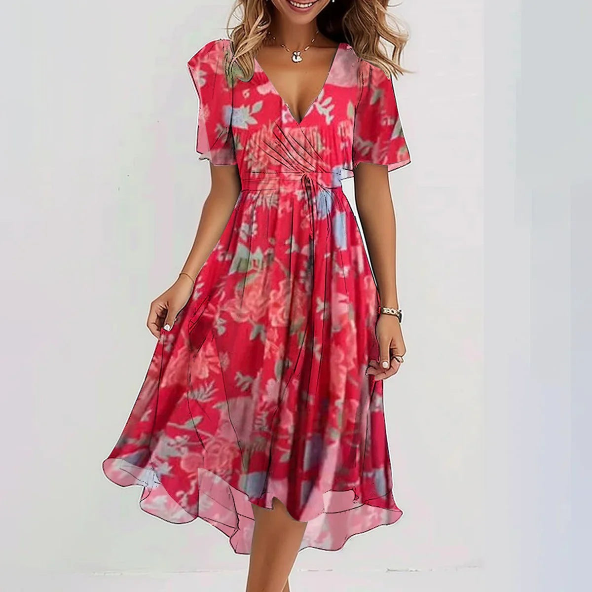 Elisa“ – Chiffon-Sommerkleid mit Print &V-Ausschnitt