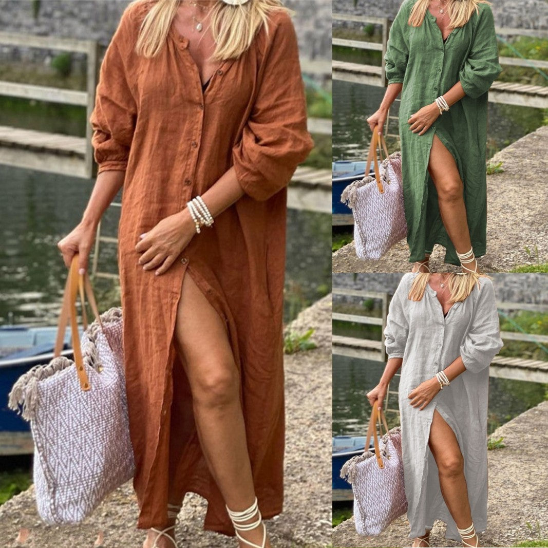 „Clara“ – Baumwoll-Leinen Kleid mit Knopfleiste Bindegürtel