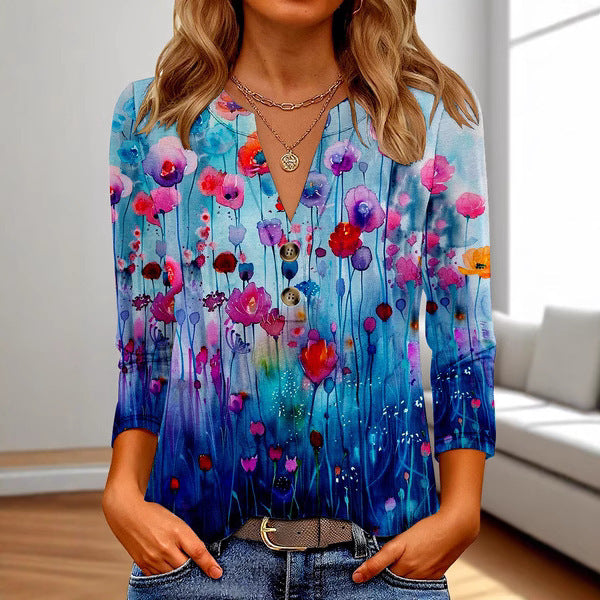 „Zara“ – 3D Print V-Ausschnitt Langarmshirt