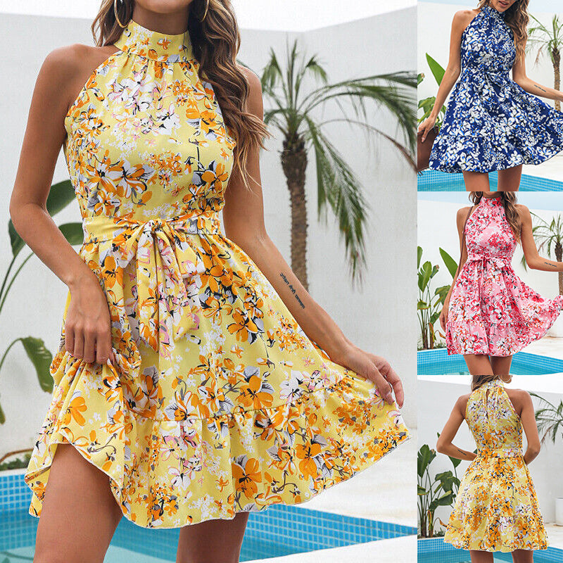 Amira“ – Blumenprint-Halterneck Kleid mit Rüschen