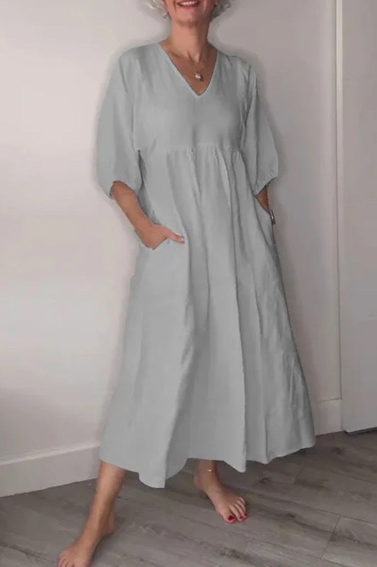 Clara“ – Baumwoll-Leinen Kleid mit V-Ausschnitt
